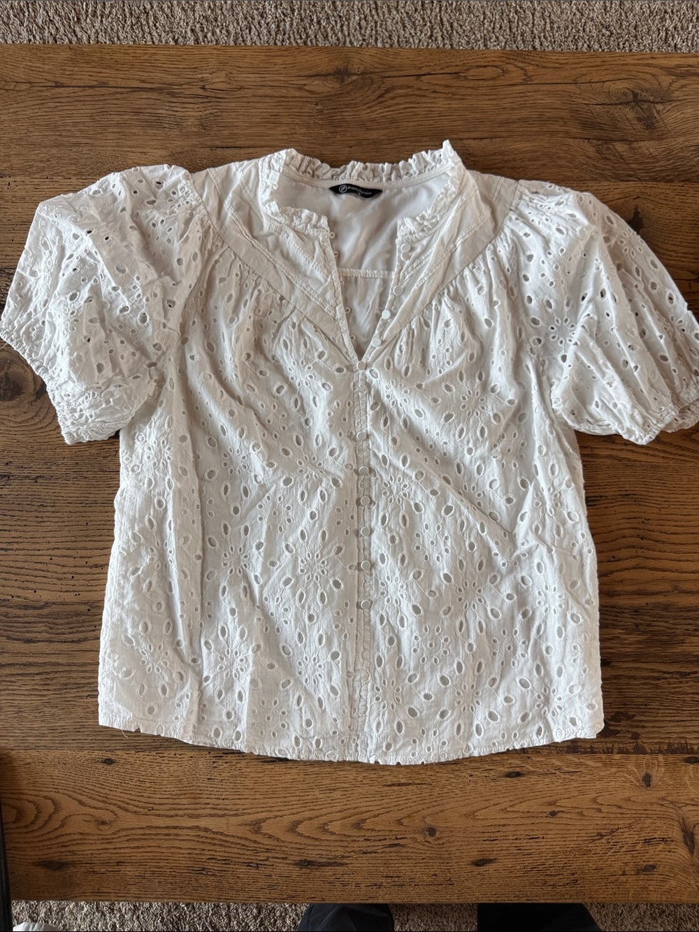 White Eyelet Puff-Sleeve Blouse with V-Neck